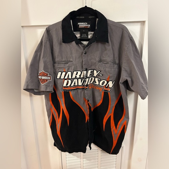 Harley Davidson Motorcycle Racing Flames Mechanic Work Shirt Screamin Eagle Sz L - Picture 1 of 5